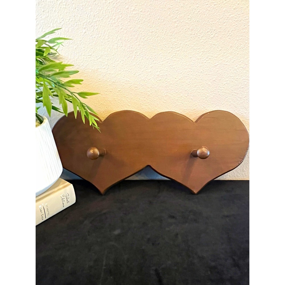 Vintage Wood Double Heart Peg Rack Wall Hanger Cottagecore Granny Chic Decor